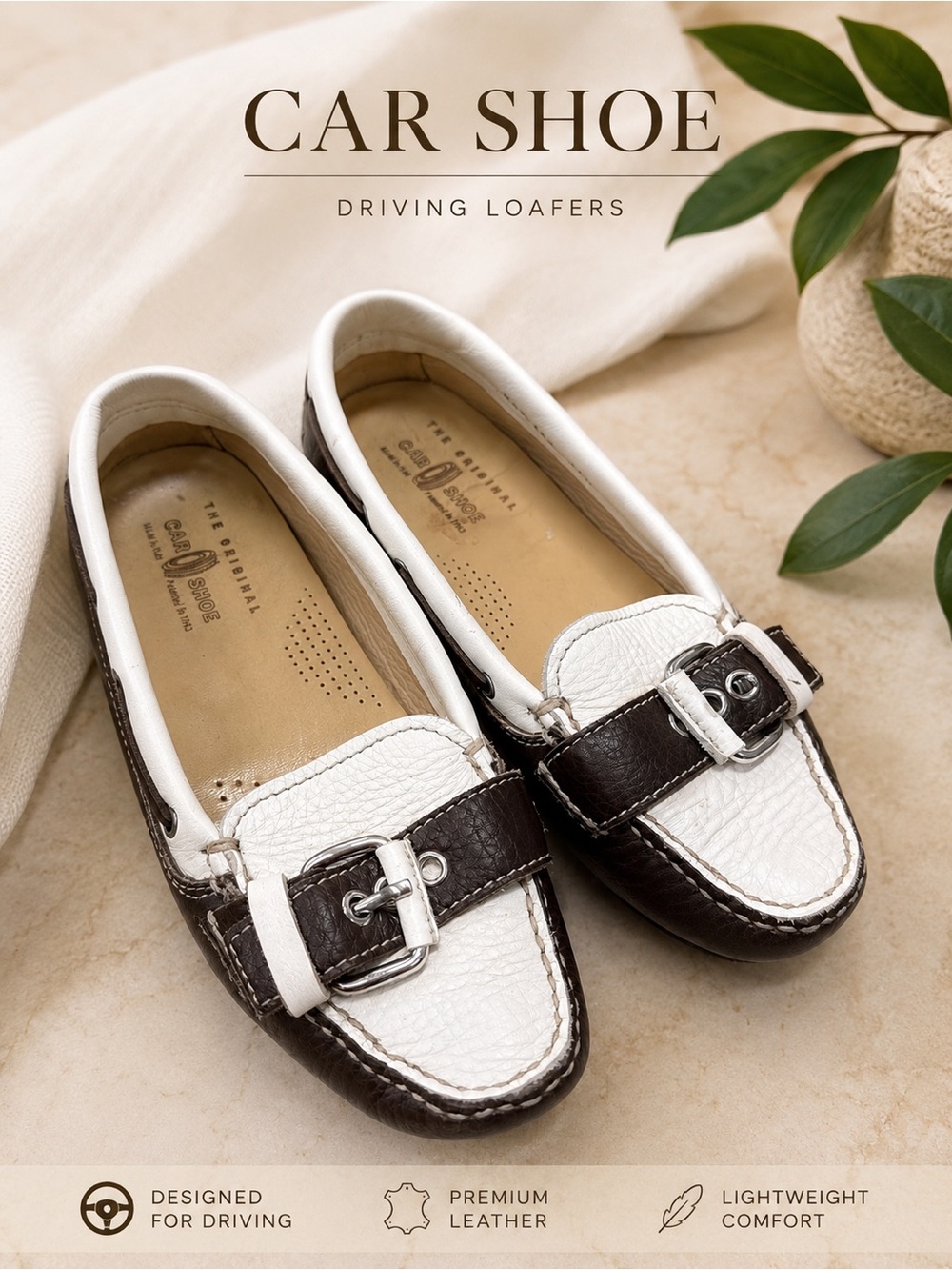 Vintage Car Shoe Two Tone Leather Driving Loafers Brown Cream Moccasins Sz 36.5